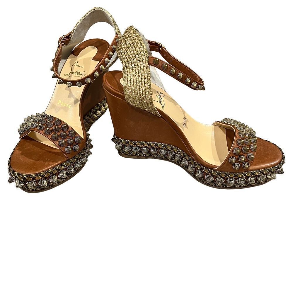 Christian Louboutin Cordorella Spike Embellished Leather Sandal Wedges Size 38